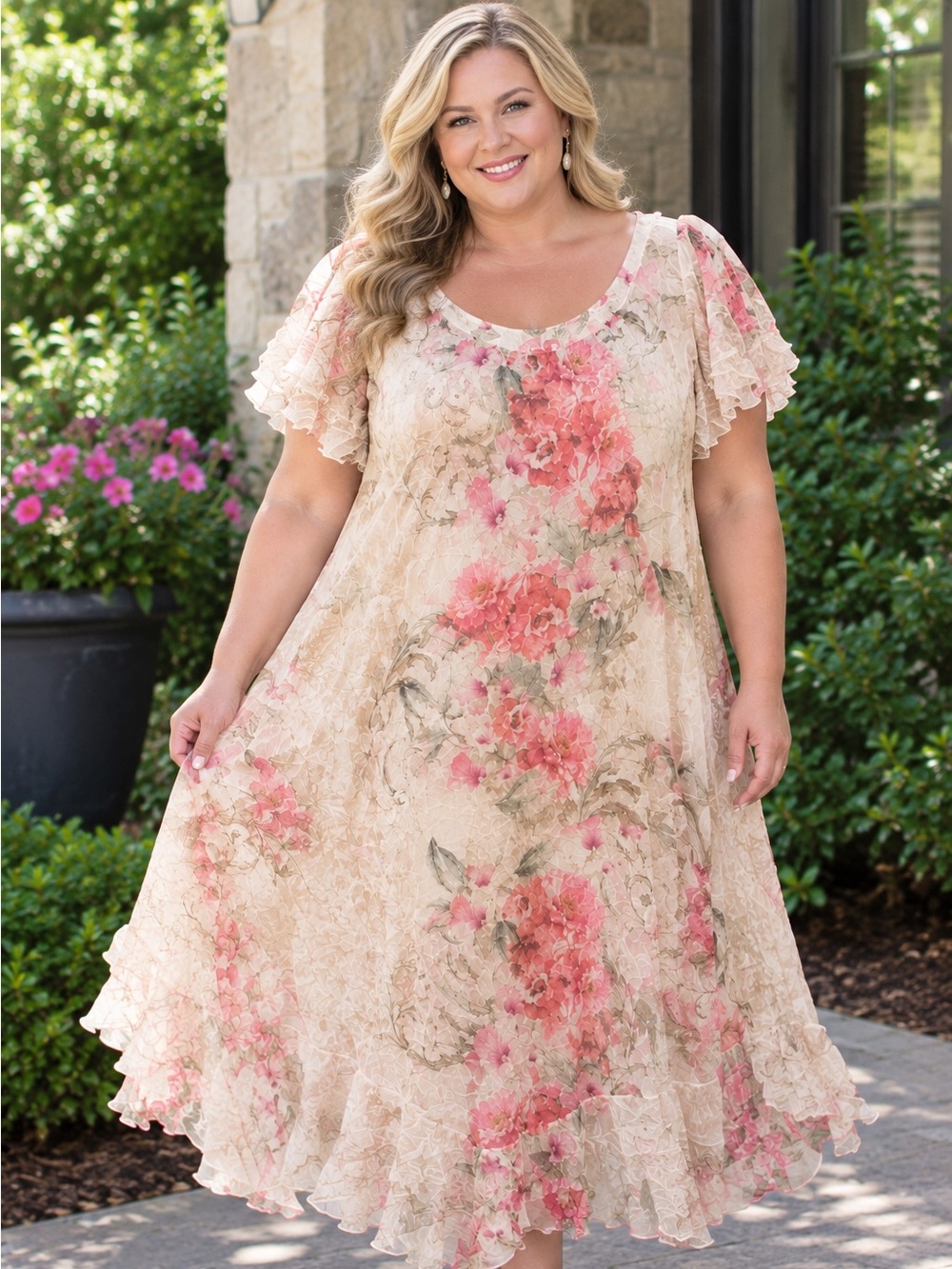 Cream Dress with Pink Floral Cascade